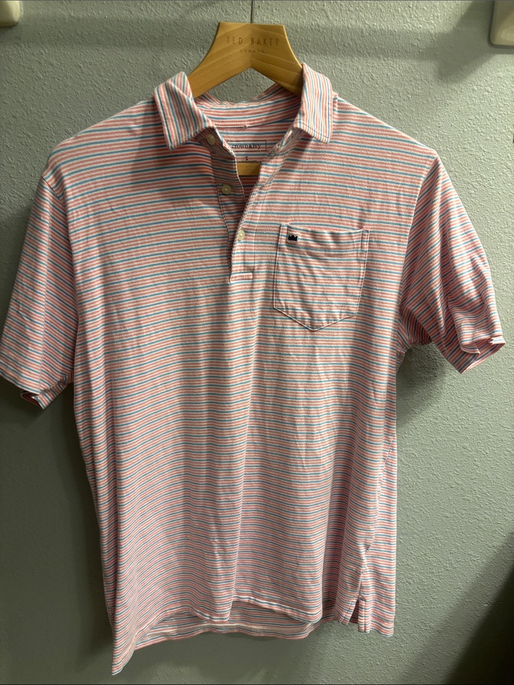 crown & ivy Striped Polo in Pink and White with Chest Pocket
